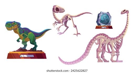 Exhibits of archaeological museum - dinosaur skeletons, recreated animal and stone with imprint. Cartoon vector illustration collection of jurassic prehistory paleontology exhibition dino artefacts.