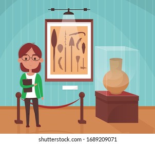 Exhibits in the exhibition hall of the Museum of Archeology. The guide is standing nearby. Modern flat vector clipart cartoon illustration.