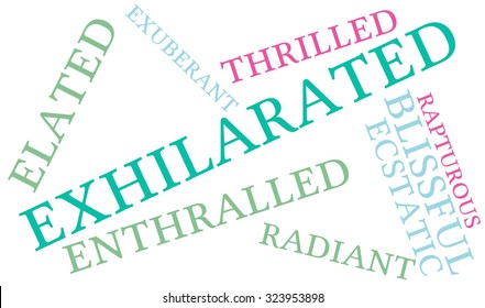 Exhilarated word cloud on a white background.