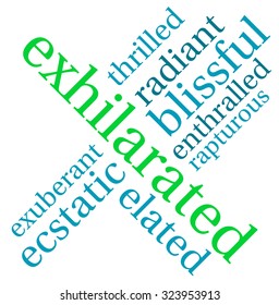 Exhilarated word cloud on a white background.