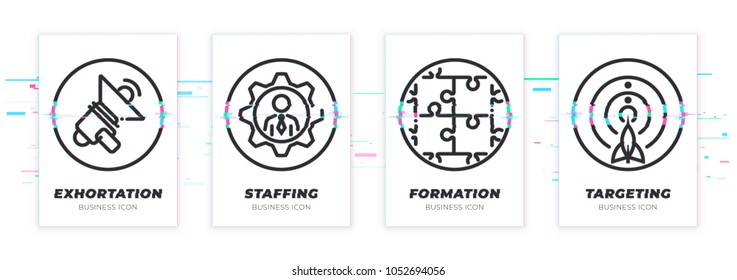 Exhortation, stuffing, formation, targeting. Business theme glitched black icons set. Scalable vector objects on transparent background. Modern distorted glitch style.