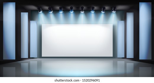 Exibition in art gallery. Projection screen on stage. Free space for advertising. Vector illustration.