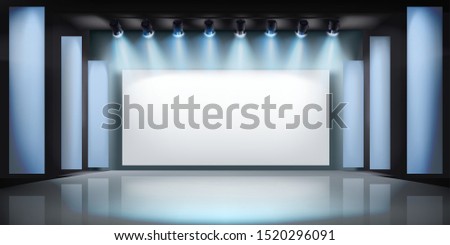 Exibition in art gallery. Projection screen on stage. Free space for advertising. Vector illustration.