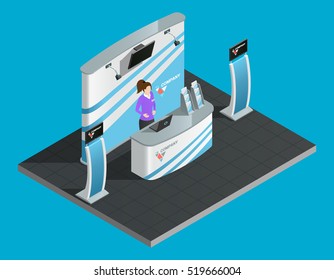 Exibition stand isometric with woman promoter vector illustration