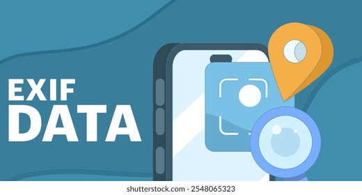 Concepto de datos EXIF que destaca los metadatos de Imagen, las Configuraciones de la cámara y los detalles de la foto, como la fecha, la hora, la exposición y la geolocalización. Importante para fotógrafos y gestión de activos digitales.	
