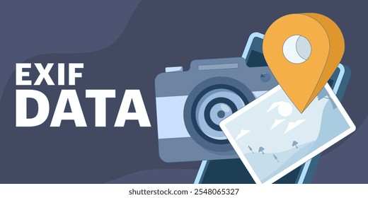 Concepto de datos EXIF que destaca los metadatos de Imagen, las Configuraciones de la cámara y los detalles de la foto, como la fecha, la hora, la exposición y la geolocalización. Importante para fotógrafos y gestión de activos digitales.	
