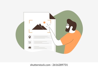 EXIF data viewer concept. Man clicking photo file to see exif metadata like camera model, lens, exposure, date and GPS location for details. Vector illustration and icons isolated on white background