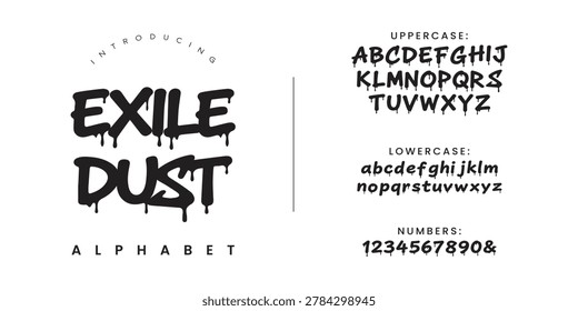 Exile Dust dripping liquid horror font text design alphabet typography isolated vector illustration