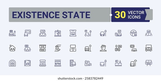 Existence State collection. Contains such icons as bed, eco, bedroom, furniture, living, interior, room and more. Perfect for logos and infographic. Minimalist vector.