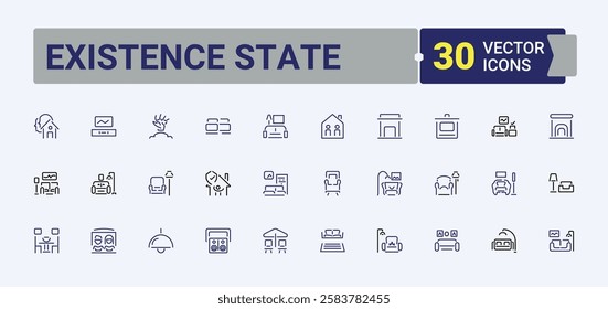 Existence State collection. Contains such icons as bed, eco, bedroom, furniture, living, interior, room and more. Perfect for logos and infographic. Minimalist vector.