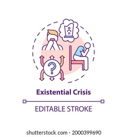 Existential crisis concept icon. Mental health problem. Psychological therapy. Self doubt. Religious issues idea thin line illustration. Vector isolated outline RGB color drawing. Editable stroke