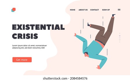 Existential Crisis Landing Page Template. Unhappy Man Falling, Frightened Person in Emotional Stress or Accident Fall. Unhappy Alone Scared Male Character Jumping Down. Cartoon Vector Illustration