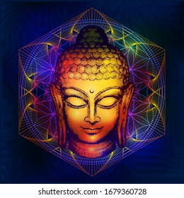 Existential Image of Lord Buddha with halftone effect with in psychedelic colors with tibetan mandala on the background.