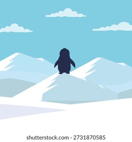 Existenzieller nihilistischer Pinguin, der allein in weiten verschneiten Bergen steht. Stimmungsvolle Winterlandschaft mit Kopienraum. Konzept von Einsamkeit, Philosophie und Klimawandel in einer kalten arktischen Wildnis.