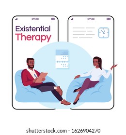 Existential therapy cartoon smartphone vector app screen. Psychology consultation. Talk therapy. Mobile phone display with flat character design mockup. Application telephone cute interface