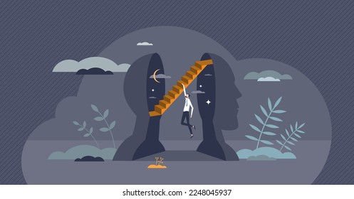 Existentialism as philosophical search for life meaning tiny person concept. Existential inner thoughts as try to understand core of meaning and purpose vector illustration. Psychological meditation.