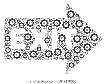 Exit Arrow collage of gear wheels. Vector cogwheel objects are organized into exit arrow figure.