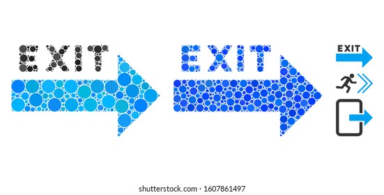 Exit arrow composition of circle elements in different sizes and color tints, based on exit arrow icon. Vector circle elements are grouped into blue collage.