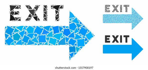 Exit arrow composition of joggly items in various sizes and color tints, based on exit arrow icon. Vector rugged items are grouped into composition. Exit arrow icons collage with dotted pattern.