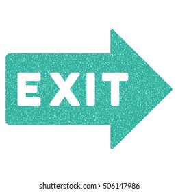 Exit Arrow grainy textured icon for overlay watermark stamps. Flat symbol with scratched texture. Dotted vector cyan ink rubber seal stamp with grunge design on a white background.