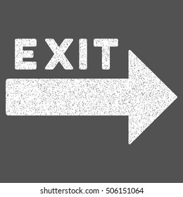 Exit Arrow grainy textured icon for overlay watermark stamps. Flat symbol with unclean texture. Dotted vector white ink rubber seal stamp with grunge design on a gray background.