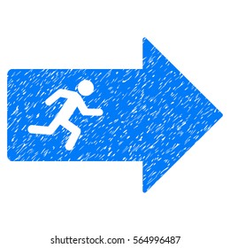 Exit Arrow grainy textured icon for overlay watermark stamps. Flat symbol with scratched texture. Dotted vector blue ink rubber seal stamp with grunge design on a white background.