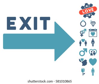 Exit Arrow icon with bonus decorative pictograph collection. Vector illustration style is flat iconic cyan and blue symbols on white background.