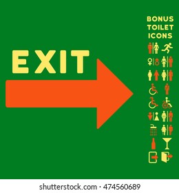 Exit Arrow icon and bonus gentleman and female restroom symbols. Vector illustration style is flat iconic bicolor symbols, orange and yellow colors, green background.