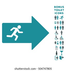 Exit Arrow icon and bonus gentleman and lady toilet symbols. Vector illustration style is flat iconic bicolor symbols, soft blue colors, white background.