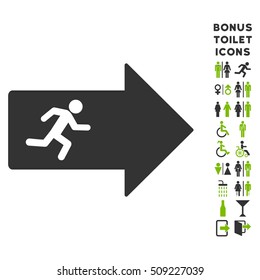 Exit Arrow icon and bonus gentleman and female toilet symbols. Vector illustration style is flat iconic bicolor symbols, eco green and gray colors, white background.