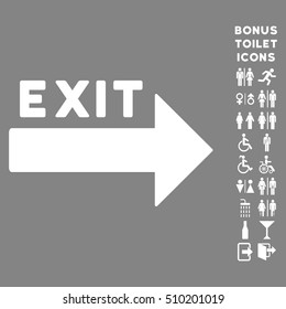 Exit Arrow icon and bonus gentleman and lady toilet symbols. Vector illustration style is flat iconic symbols, white color, gray background.