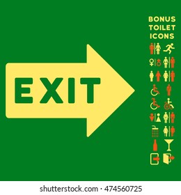 Exit Arrow icon and bonus male and lady toilet symbols. Vector illustration style is flat iconic bicolor symbols, orange and yellow colors, green background.