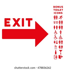 Exit Arrow icon and bonus man and woman restroom symbols. Vector illustration style is flat iconic symbols, red color, white background.