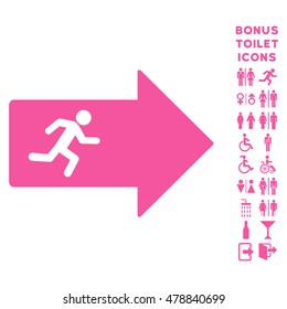 Exit Arrow icon and bonus man and lady WC symbols. Vector illustration style is flat iconic symbols, pink color, white background.