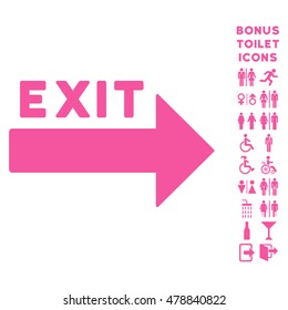 Exit Arrow icon and bonus man and woman restroom symbols. Vector illustration style is flat iconic symbols, pink color, white background.