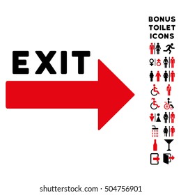 Exit Arrow icon and bonus man and female toilet symbols. Vector illustration style is flat iconic bicolor symbols, intensive red and black colors, white background.