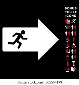 Exit Arrow icon and bonus man and lady lavatory symbols. Vector illustration style is flat iconic bicolor symbols, red and white colors, black background.