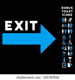 Exit Arrow icon and bonus man and woman toilet symbols. Vector illustration style is flat iconic bicolor symbols, blue and white colors, black background.
