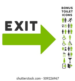 Exit Arrow icon and bonus man and woman lavatory symbols. Vector illustration style is flat iconic bicolor symbols, eco green and gray colors, white background.