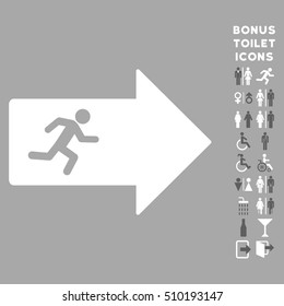 Exit Arrow icon and bonus man and woman lavatory symbols. Vector illustration style is flat iconic bicolor symbols, dark gray and white colors, silver background.