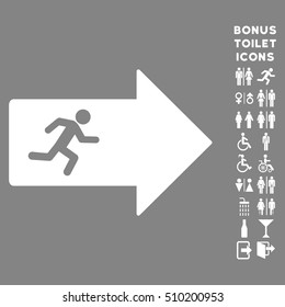 Exit Arrow icon and bonus man and female restroom symbols. Vector illustration style is flat iconic symbols, white color, gray background.