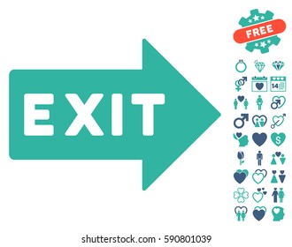 Exit Arrow icon with bonus romantic symbols. Vector illustration style is flat iconic cobalt and cyan symbols on white background.