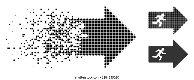 Exit arrow icon in dispersed, dotted halftone and undamaged versions. Fragments are composed into vector dispersed exit arrow icon. Disappearing effect involves square scintillas.