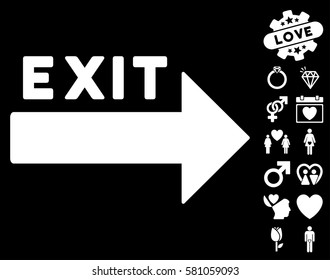 Exit Arrow pictograph with bonus romantic images. Vector illustration style is flat iconic white symbols on black background.