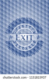 Exit blue badge with geometric background.