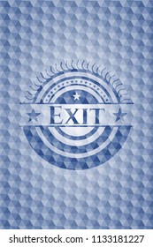 Exit blue emblem with geometric pattern.