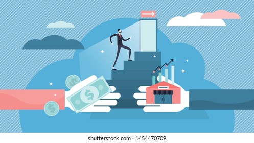 Exit business vector illustration. Flat tiny company sale persons concept. Successful sell decision process to trade ownership to entrepreneur. Buyout management and concern sell contract and deal.