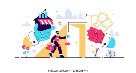 Exit business vector illustration. Flat tiny company sale persons concept. Successful sell decision process to trade ownership to entrepreneur. Buyout management and concern sell contract and deal.