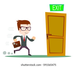Exit. Businessman running to opened door. Stock vector illustration