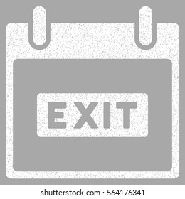 Exit Caption Calendar Day grainy textured icon for overlay watermark stamps. Flat symbol with dirty texture. Dotted vector white ink rubber seal stamp with grunge design on a silver background.